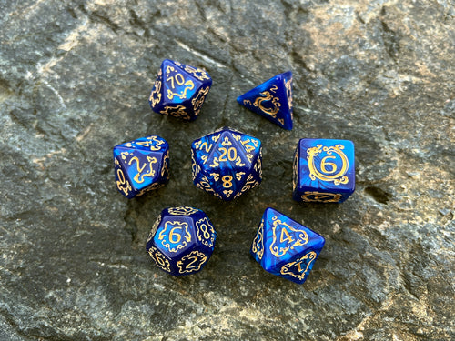 Blue Yellow "Tale of Water" DnD 7 Polyhedral Dice Set in Potion Flask