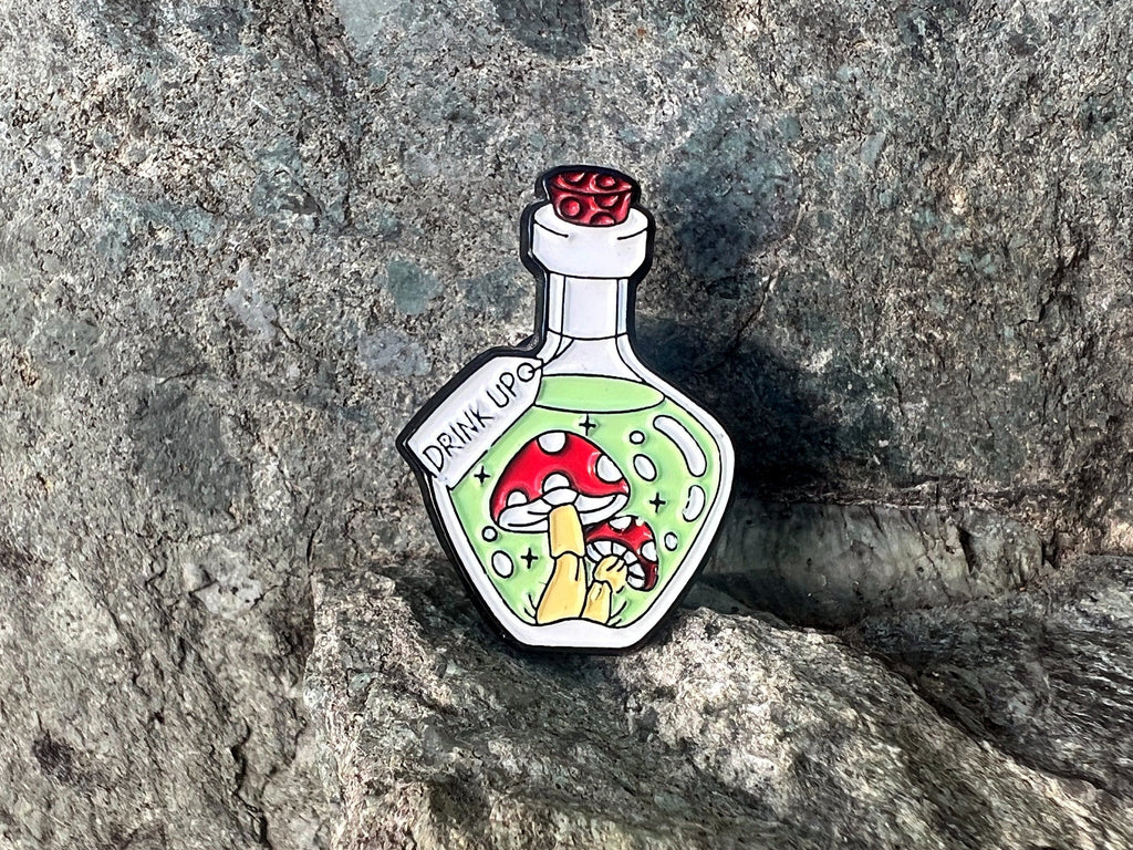 Magic Mushroom "Drink Up" Bottle DnD Enamel Pin