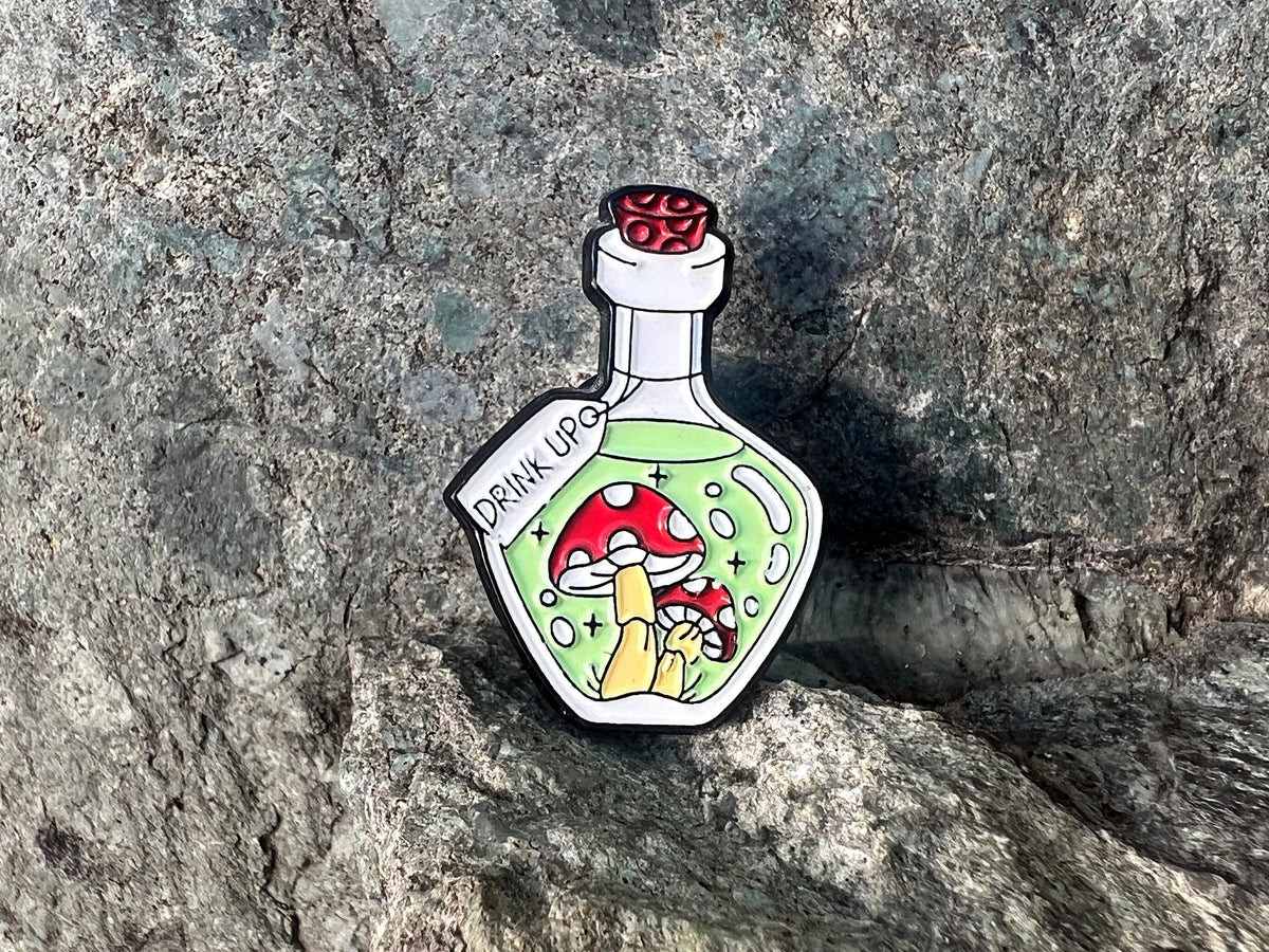 Magic Mushroom "Drink Up" Bottle DnD Enamel Pin