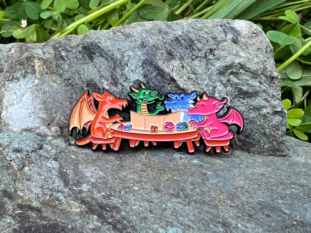 Dragons playing D&D, DnD Enamel Pin