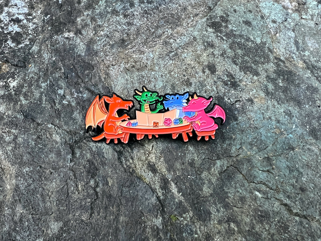 Dragons playing D&D, DnD Enamel Pin