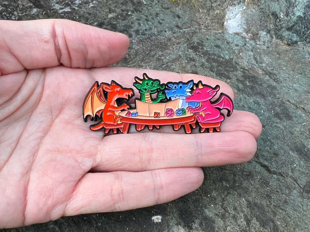 Dragons playing D&D, DnD Enamel Pin