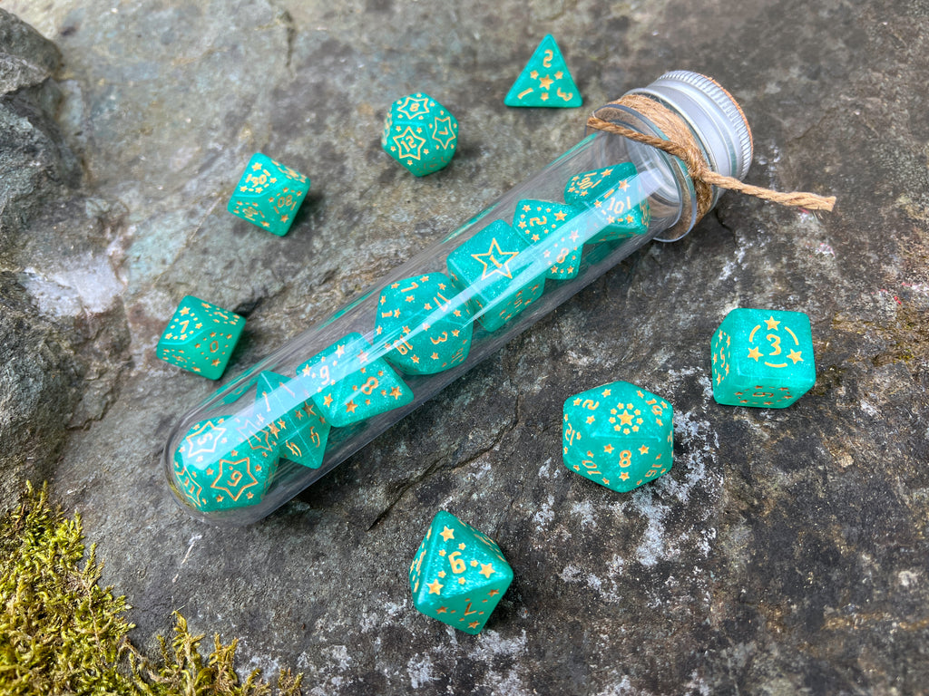 Shimmer Light Green Yellow "Teal Constellation" DnD 7 Polyhedral Dice Set in Potion Flask