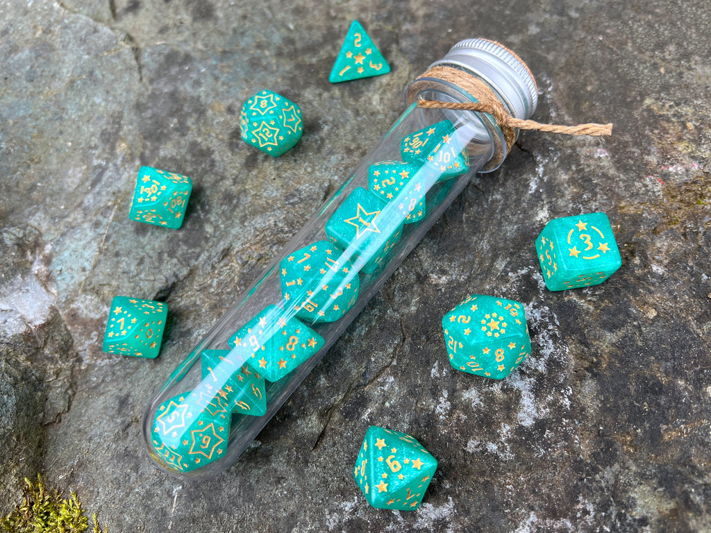 Shimmer Light Green Yellow "Teal Constellation" DnD 7 Polyhedral Dice Set in Potion Flask