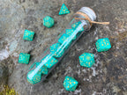 Shimmer Light Green Yellow "Teal Constellation" DnD 7 Polyhedral Dice Set in Potion Flask