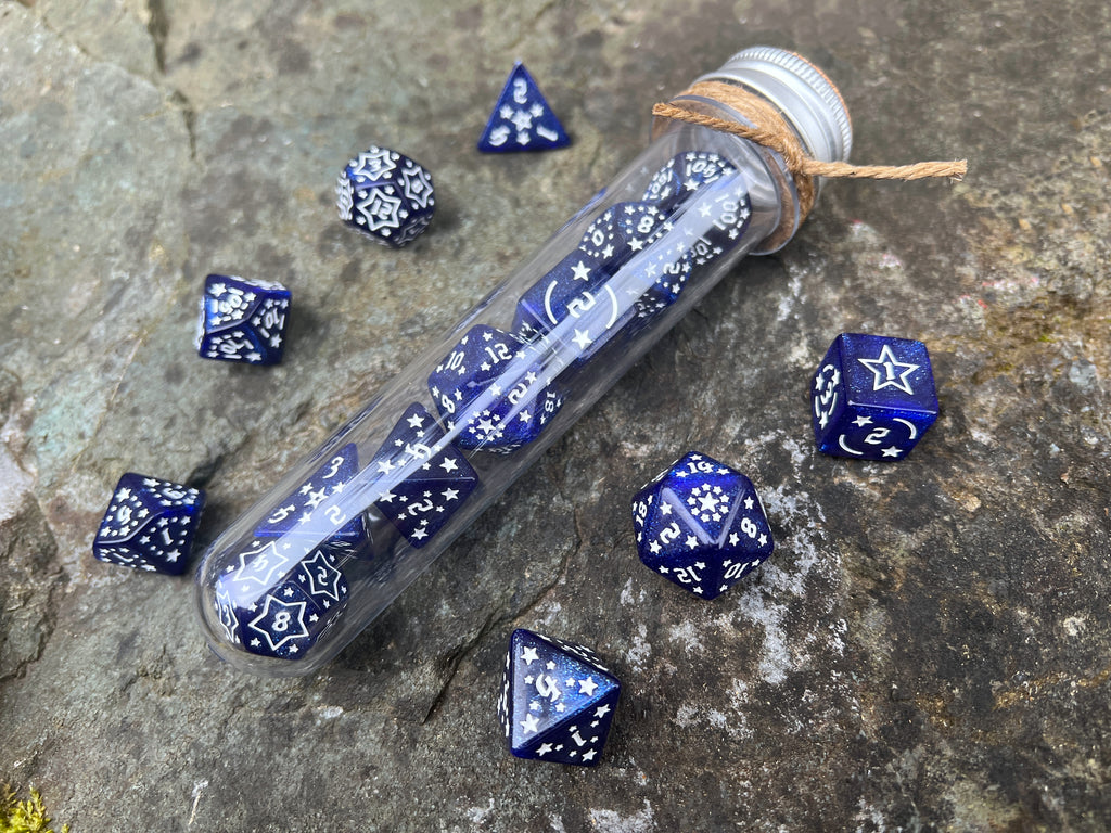 Shimmer Blue White "Blue Constellation" DnD 7 Polyhedral Dice Set in Potion Flask