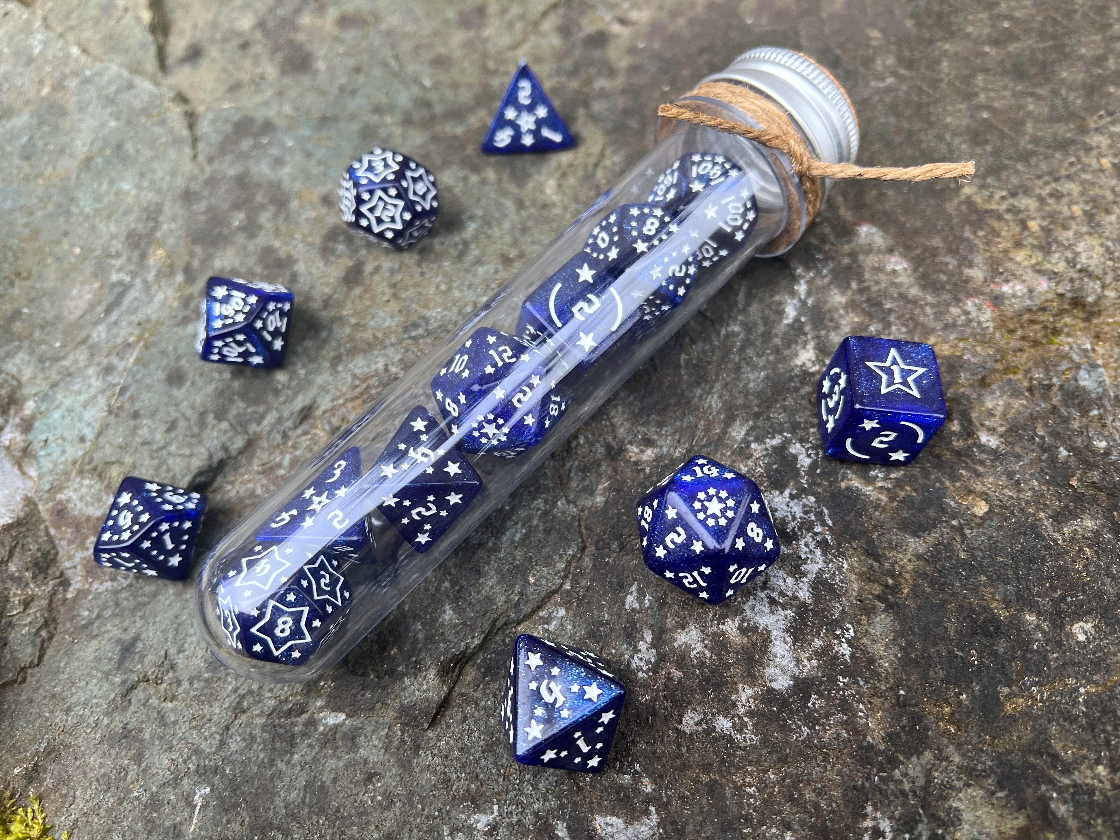 Shimmer Blue White "Blue Constellation" DnD 7 Polyhedral Dice Set in Potion Flask