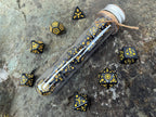 Shimmer Black Yellow "Black Constellation" DnD 7 Polyhedral Dice Set in Potion Flask