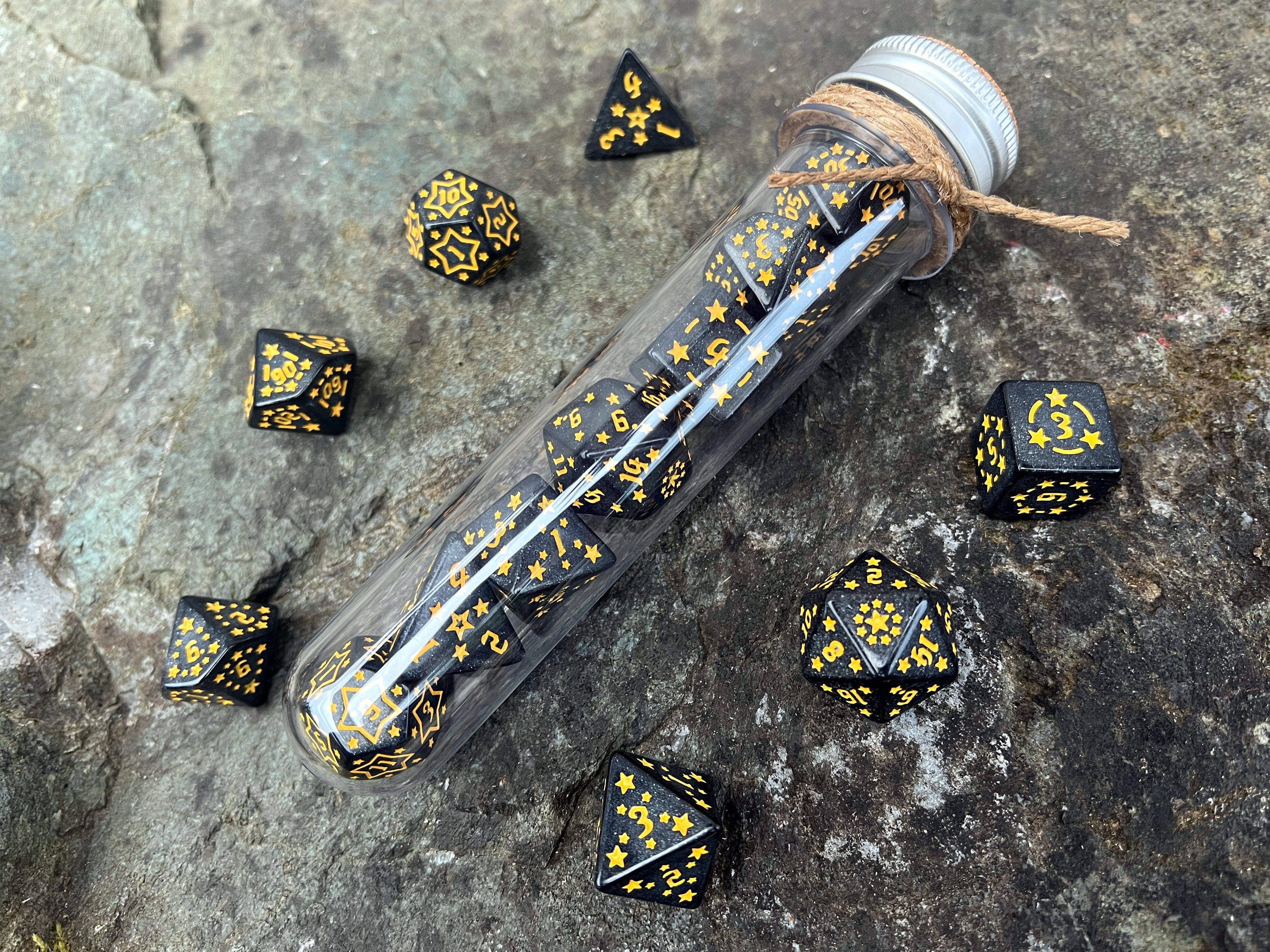 Shimmer Black Yellow "Black Constellation" DnD 7 Polyhedral Dice Set in Potion Flask