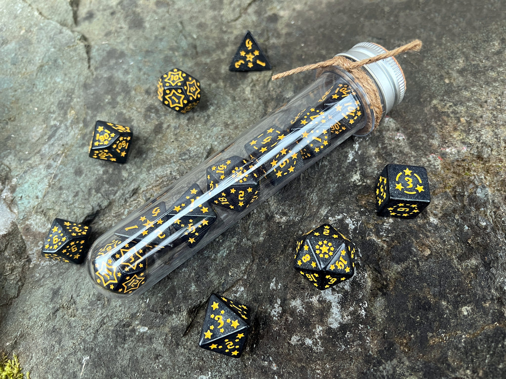 Shimmer Black Yellow "Black Constellation" DnD 7 Polyhedral Dice Set in Potion Flask