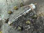 Shimmer Black Yellow "Black Constellation" DnD 7 Polyhedral Dice Set in Potion Flask