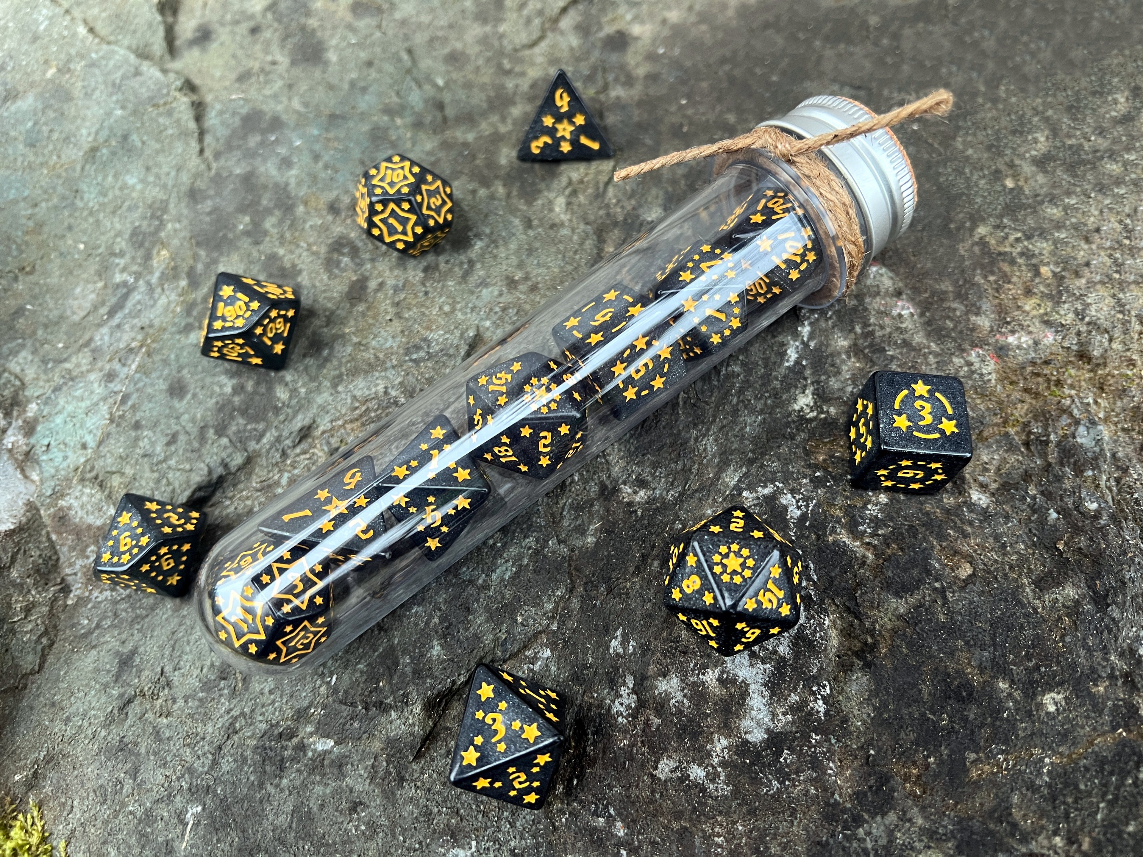 Shimmer Black Yellow "Black Constellation" DnD 7 Polyhedral Dice Set in Potion Flask