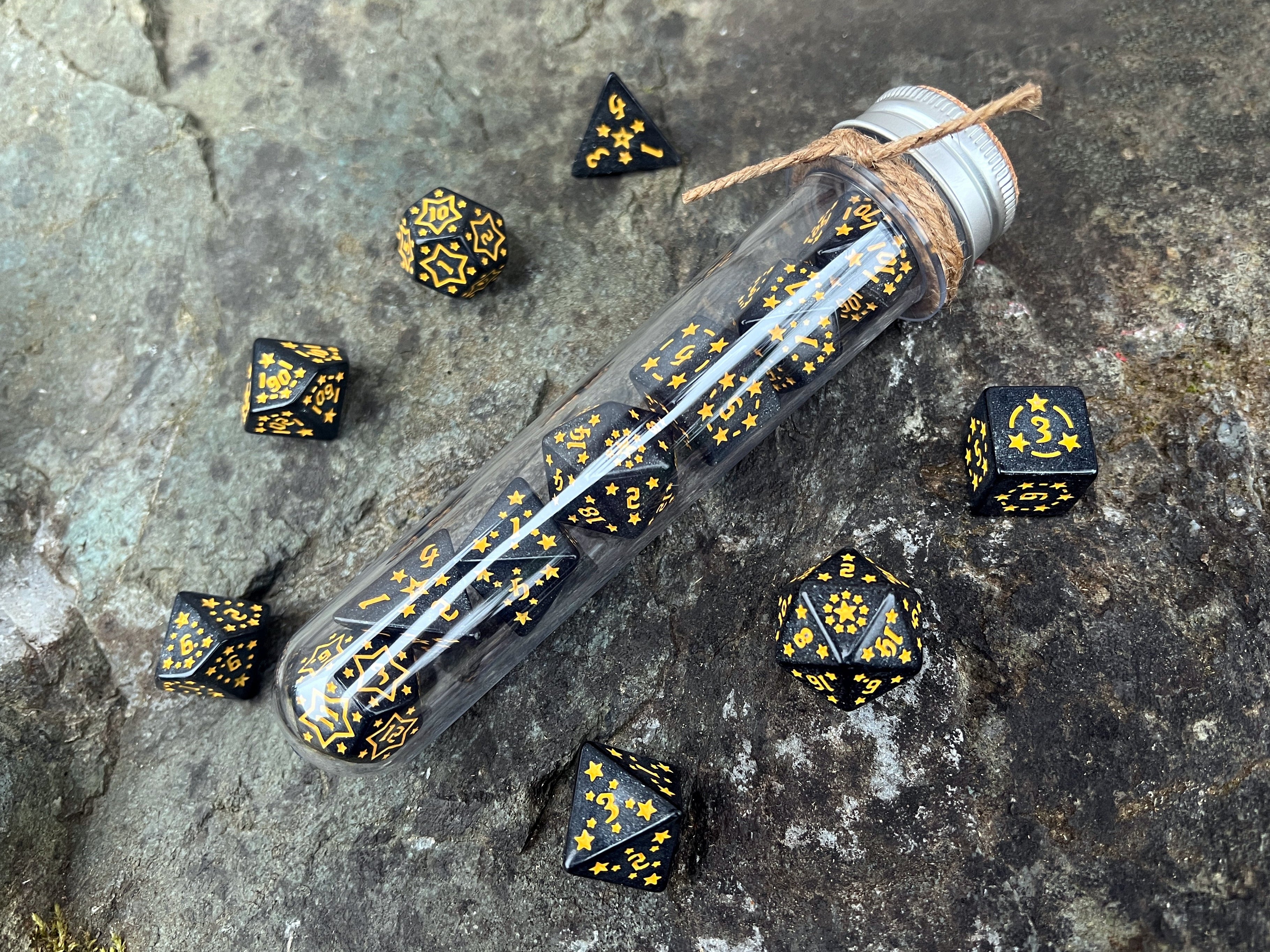 Shimmer Black Yellow "Black Constellation" DnD 7 Polyhedral Dice Set in Potion Flask