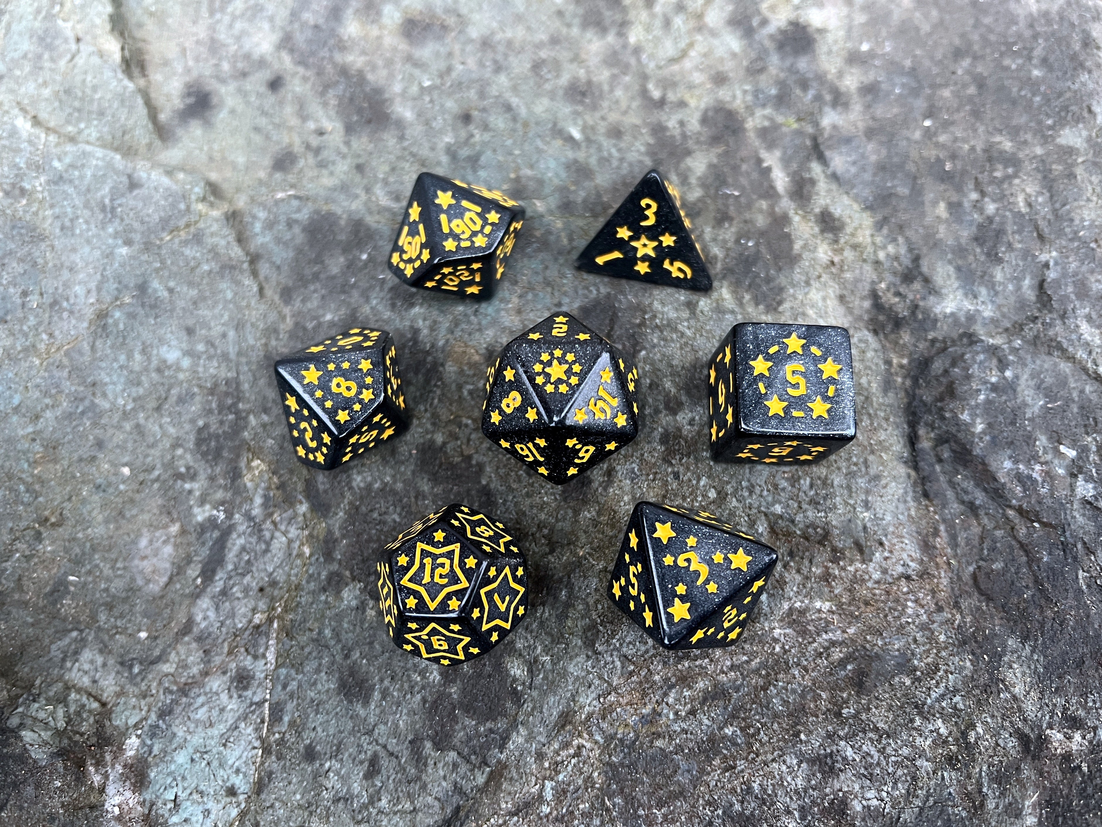 Shimmer Black Yellow "Black Constellation" DnD 7 Polyhedral Dice Set in Potion Flask