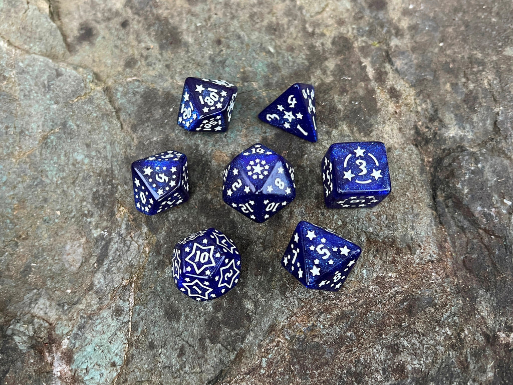 Shimmer Blue White "Blue Constellation" DnD 7 Polyhedral Dice Set in Potion Flask