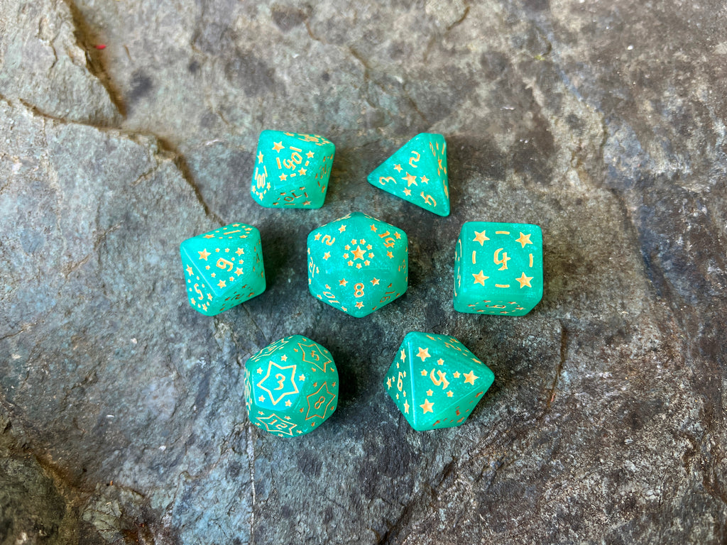 Shimmer Light Green Yellow "Teal Constellation" DnD 7 Polyhedral Dice Set in Potion Flask