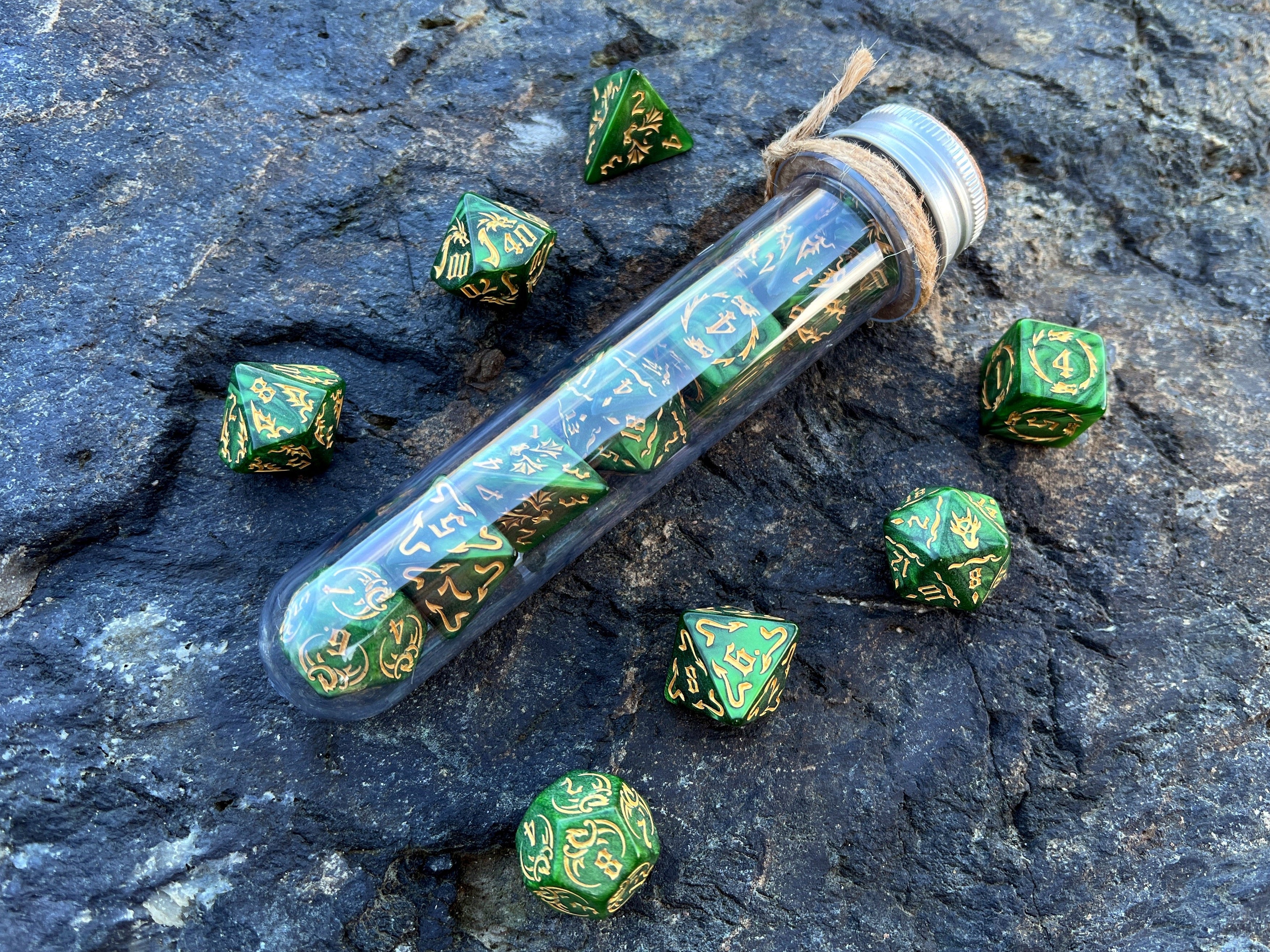 Green Yellow "Green Dragon" DnD 7 Polyhedral Dice Set in Potion Flask