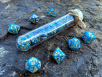 Blue Yellow "Blue Dragon" DnD 7 Polyhedral Dice Set in Potion Flask