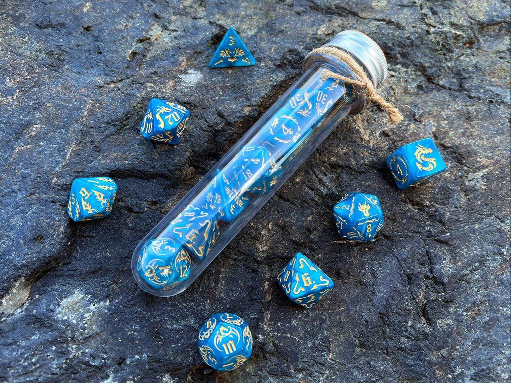 Blue Yellow "Blue Dragon" DnD 7 Polyhedral Dice Set in Potion Flask