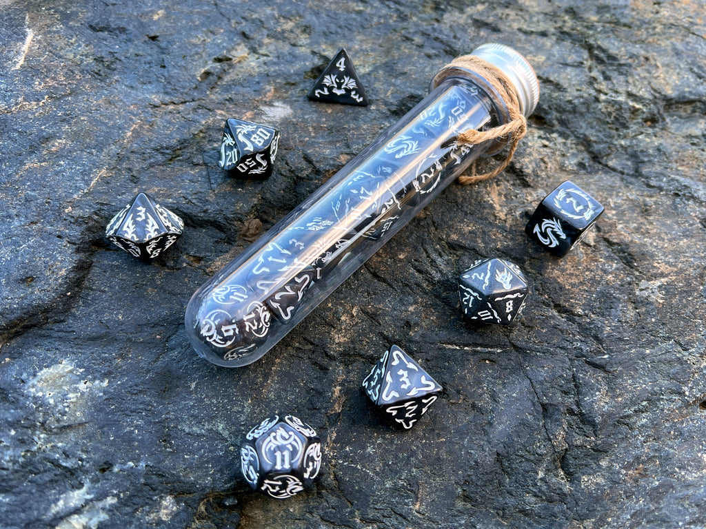 Black White "Black Dragon" DnD 7 Polyhedral Dice Set in Potion Flask