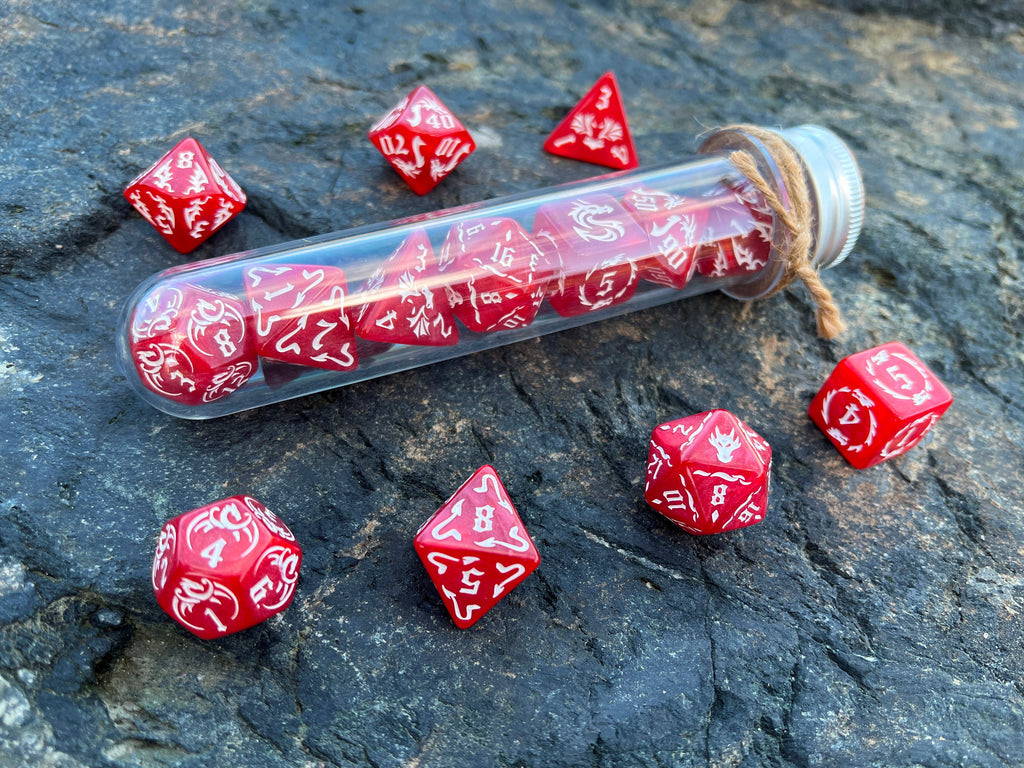 Red White "Red Dragon" DnD 7 Polyhedral Dice Set in Potion Flask