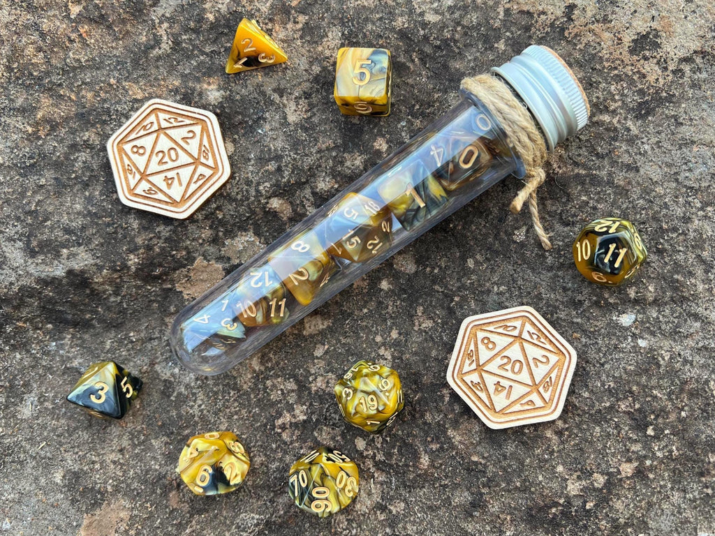 Yellow Black Gold "Yellow Badger" DnD 7 Polyhedral Dice Set in Potion Flask
