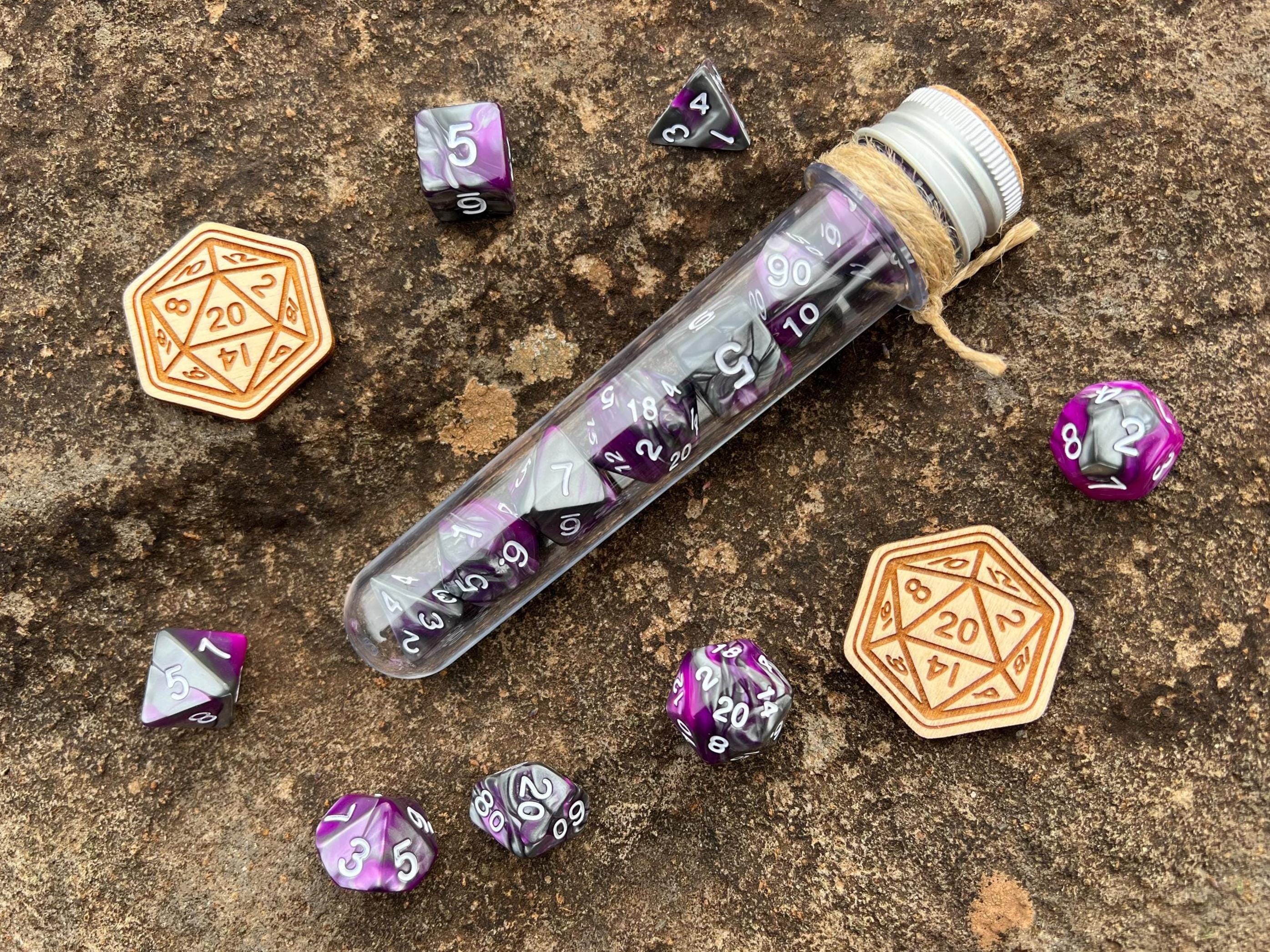 Purple Gray White "Necrostorm" DnD 7 Polyhedral Dice Set in Potion Flask