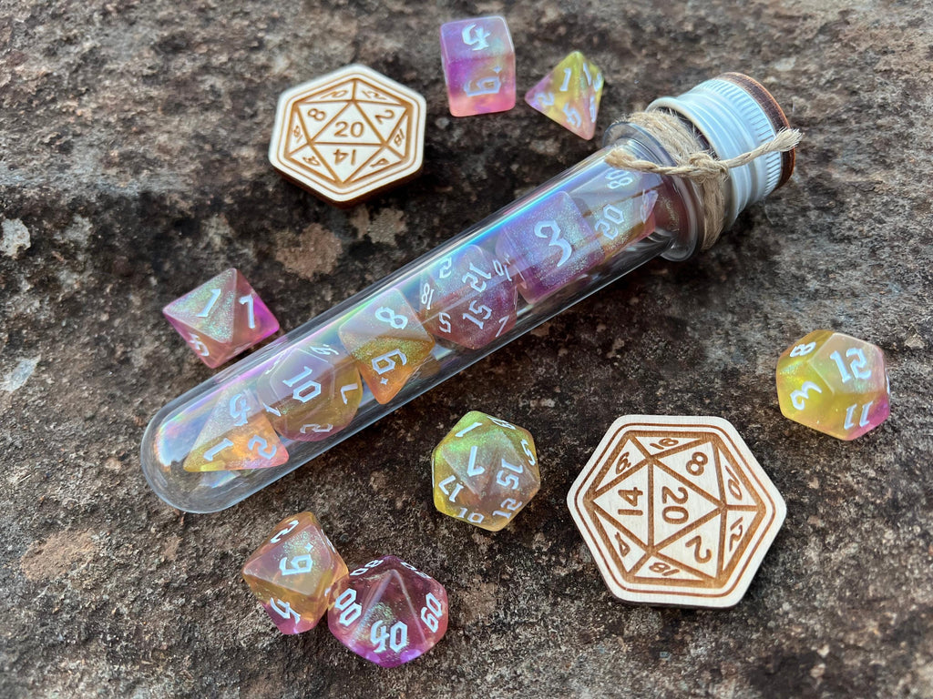 Shimmer Pink Yellow "Mermaid" DnD 7 Polyhedral Dice Set in Potion Flask