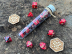 Red Black Gold "Red Lion" DnD 7 Polyhedral Dice Set in Potion Flask