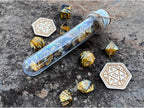 Yellow Black "Dragon Gold" DnD 7 Polyhedral Dice Set in Potion Flask
