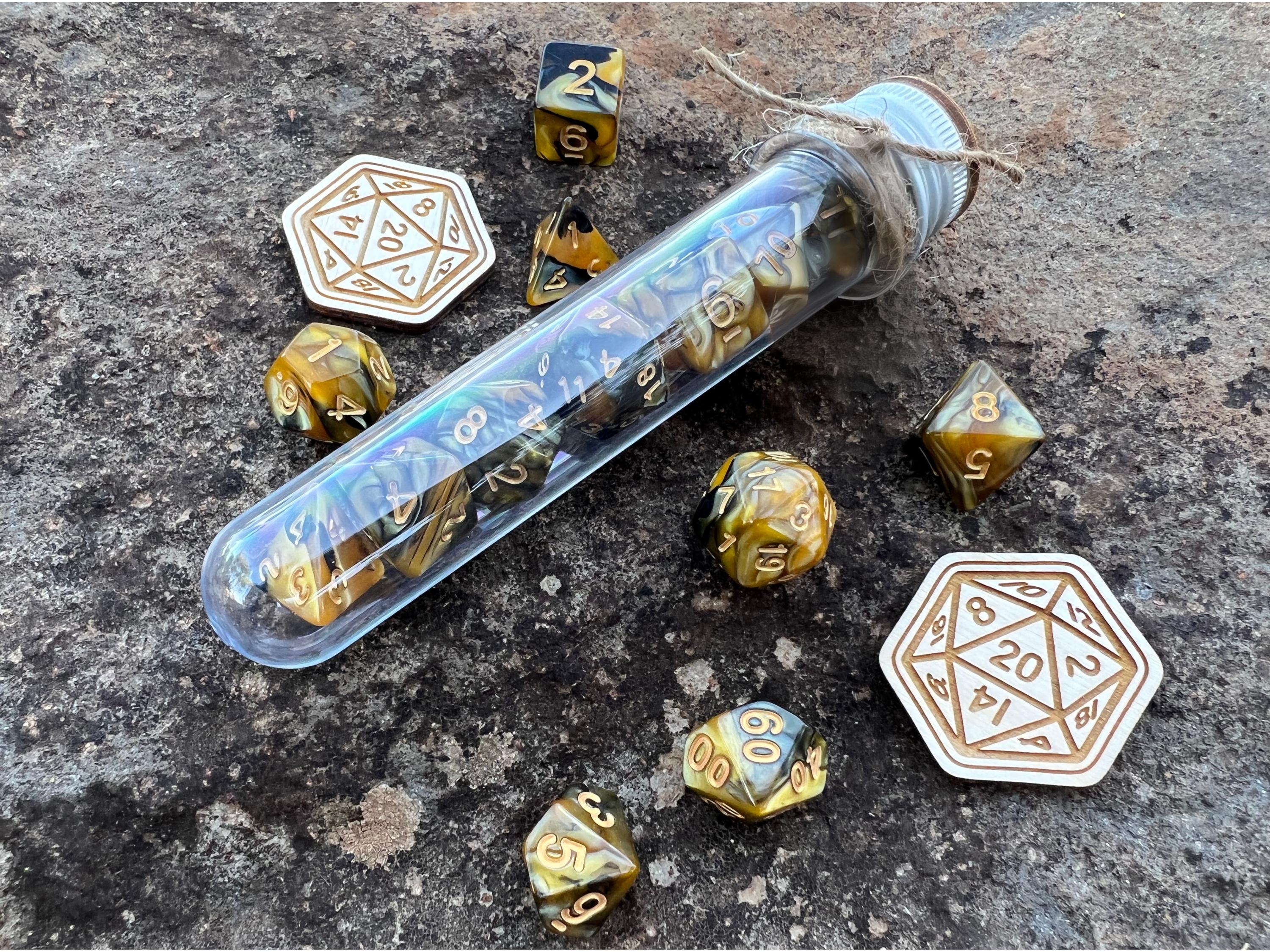 Yellow Black "Dragon Gold" DnD 7 Polyhedral Dice Set in Potion Flask