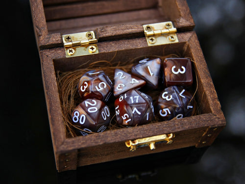 Brown Gray White "Brown Lava" DnD 7 Polyhedral Dice Set in Wooden Chest