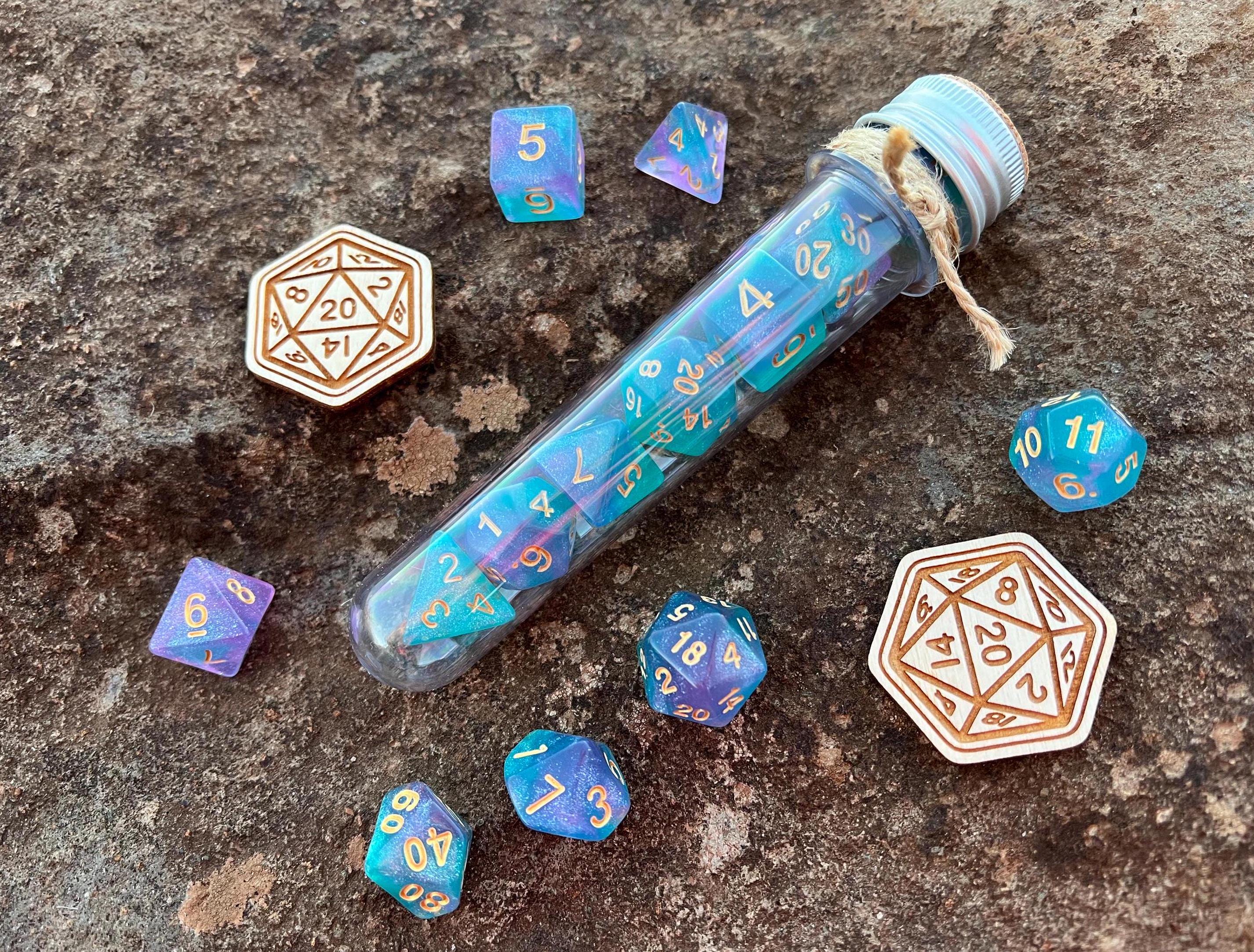 Shimmer Turquoise Gold "Celestial Unicorn" DnD 7 Polyhedral Dice Set in Potion Flask