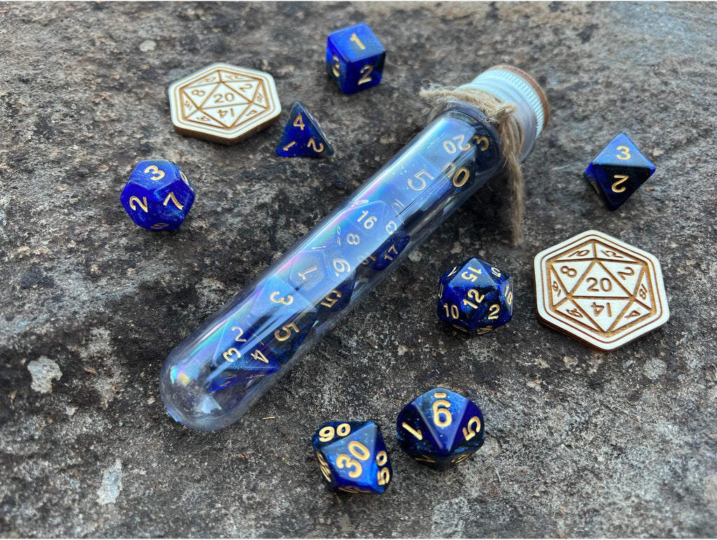 Shimmer Blue Black "Billion Stars" DnD 7 Polyhedral Dice Set in Potion Flask