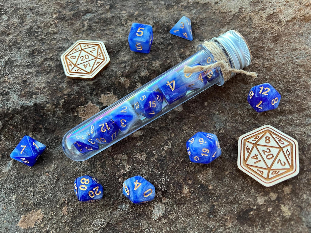 Shimmer Blue White Gold "Mighty Djinni" DnD 7 Polyhedral Dice Set in Potion Flask