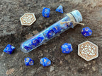 Shimmer Blue White Gold "Mighty Djinni" DnD 7 Polyhedral Dice Set in Potion Flask