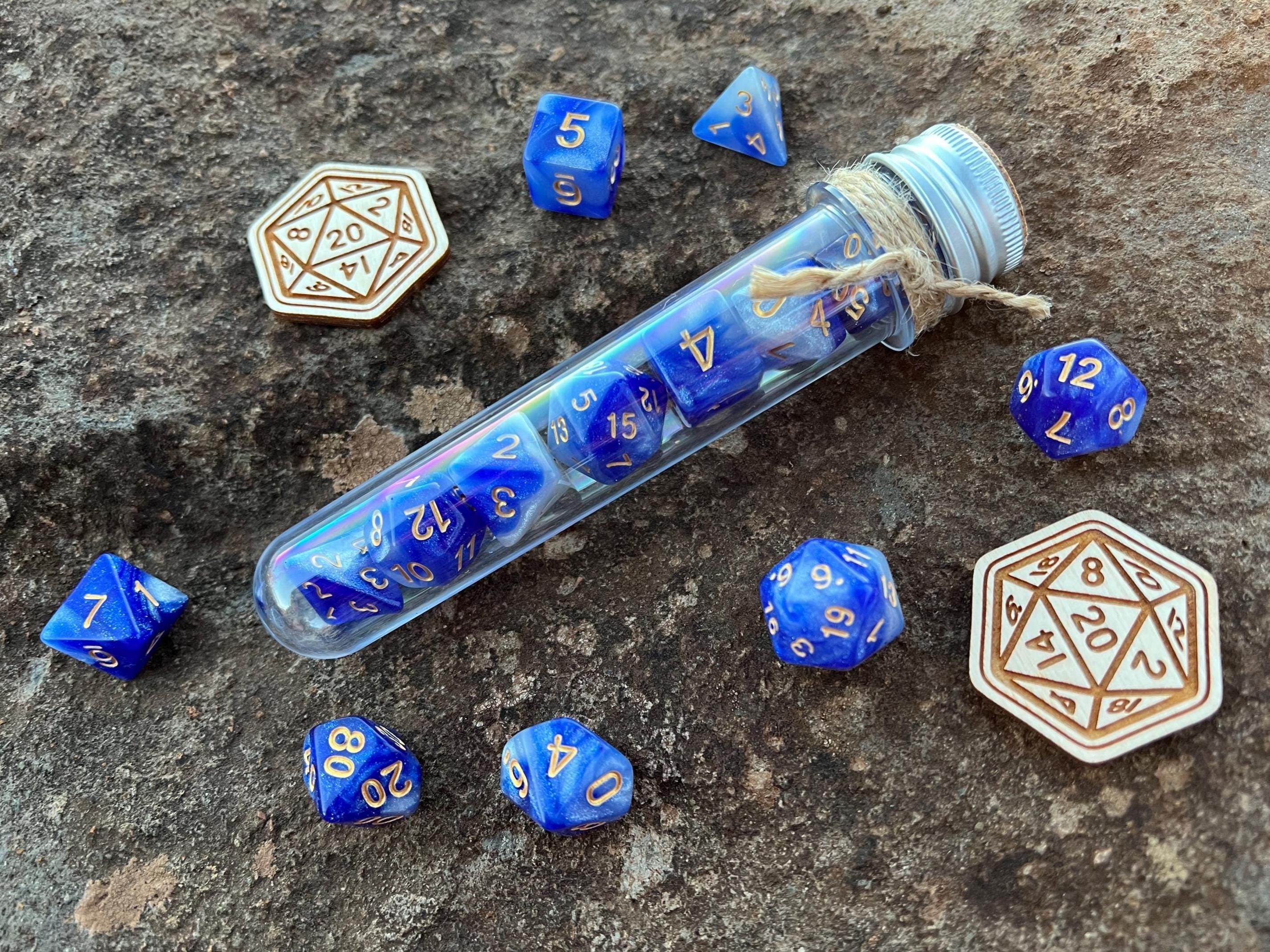 Shimmer Blue White Gold "Mighty Djinni" DnD 7 Polyhedral Dice Set in Potion Flask