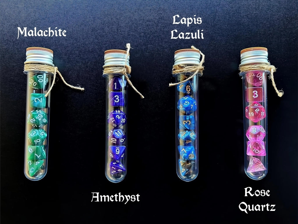 DnD 7 Polyhedral Dice Set in Potion Flask "Steven's Gems" Collection