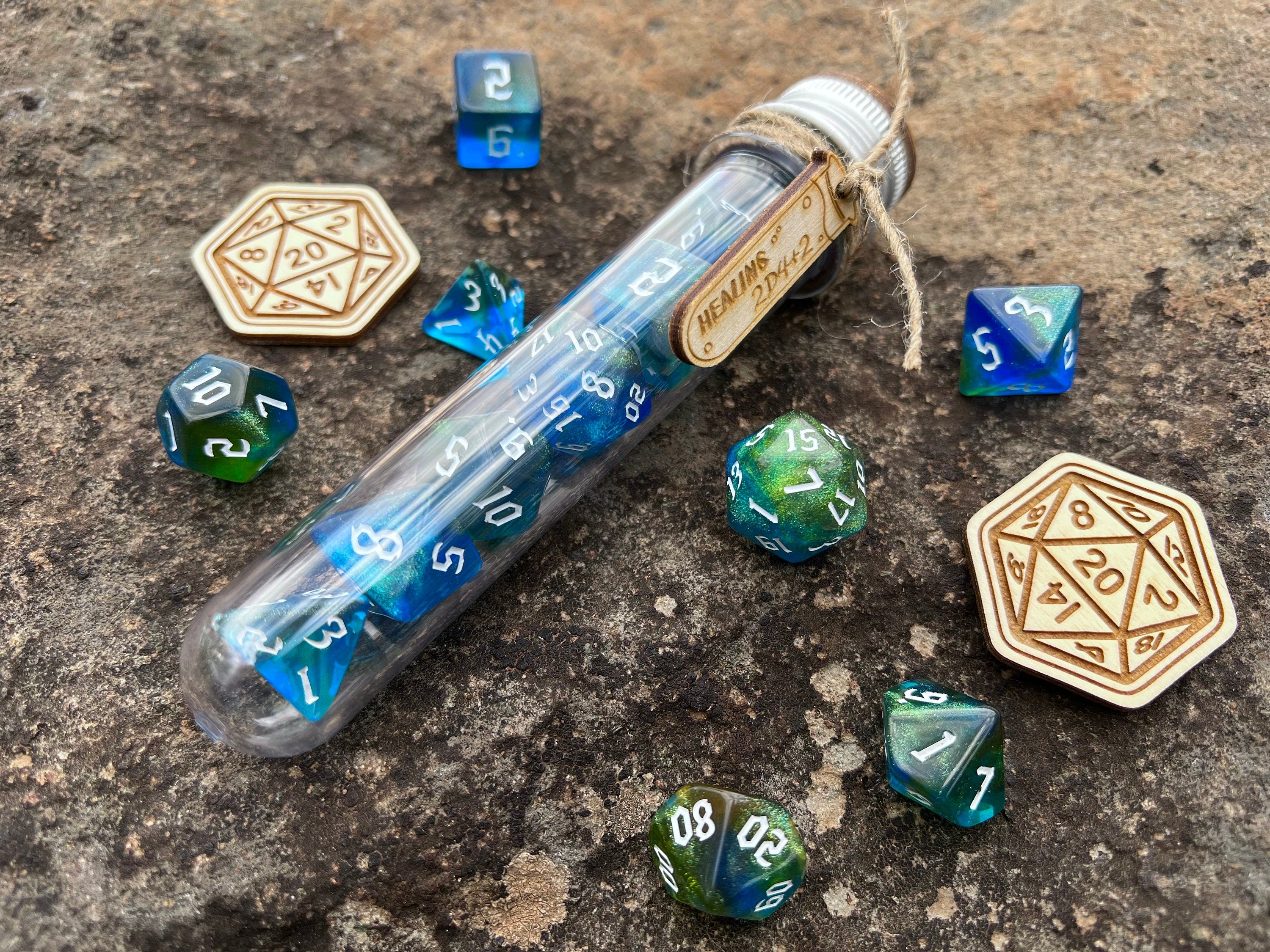 Shimmer Blue Yellow "Druid Magic" DnD 7 Polyhedral Dice Set in Potion Flask