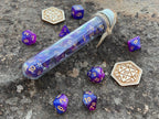 Shimmer Purple Blue "Distant Galaxy" DnD 7 Polyhedral Dice Set in Potion Flask