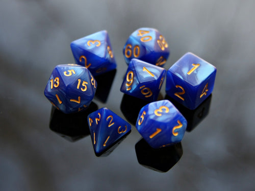 Blue Yellow "Blue Lagoon" DnD 7 Polyhedral Dice Set in Potion Flask
