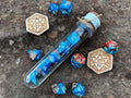 Blue Brown Orange "Ice and Fire" DnD 7 Polyhedral Dice Set in Potion Flask
