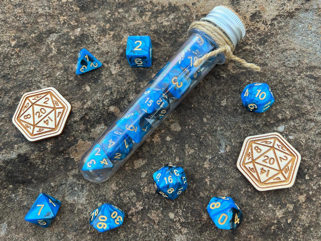 Blue Black Gold "Blue Raven" DnD 7 Polyhedral Dice Set in Potion Flask
