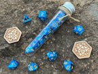 Blue Black Gold "Blue Raven" DnD 7 Polyhedral Dice Set in Potion Flask