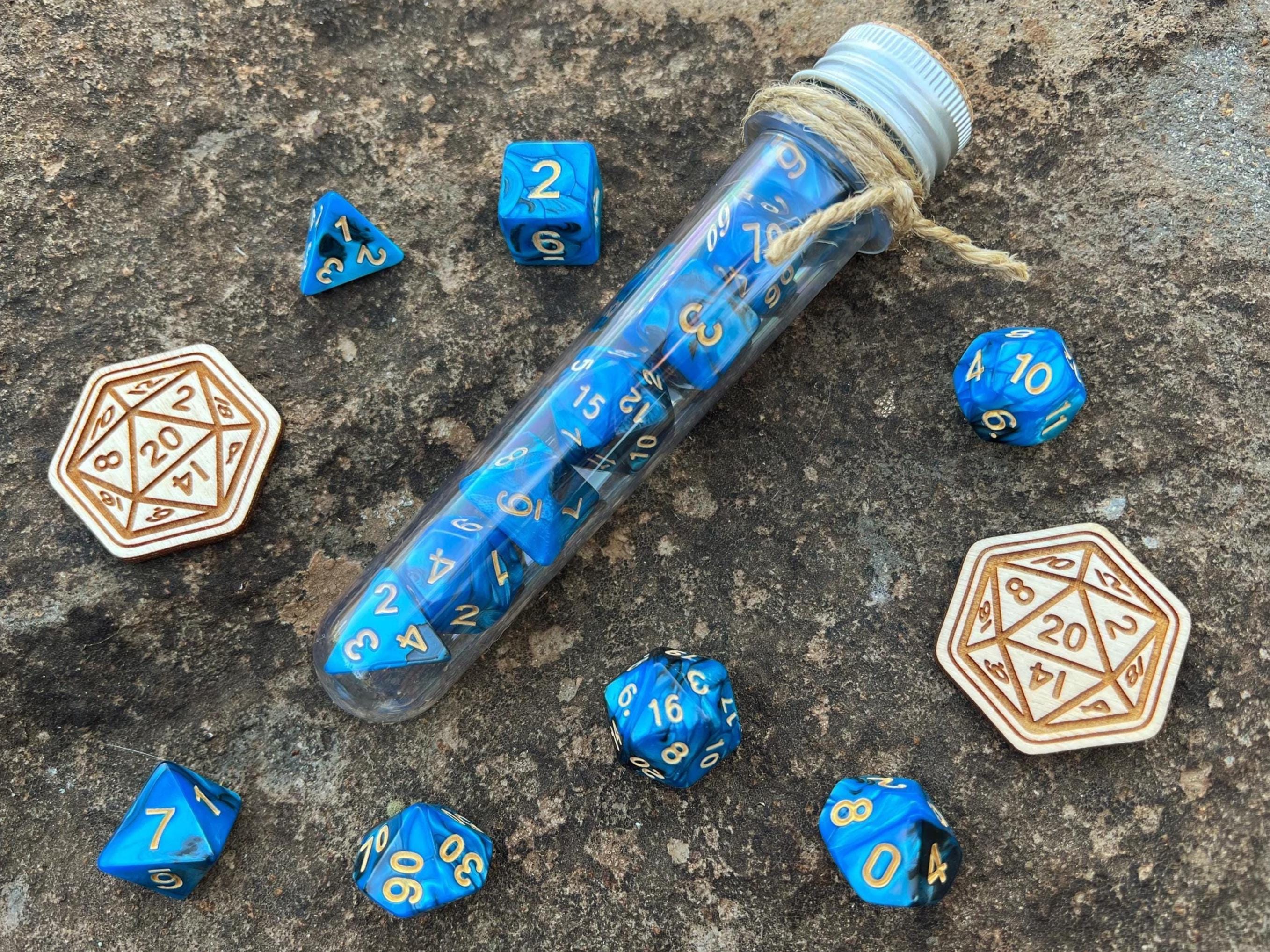 Blue Black Gold "Blue Raven" DnD 7 Polyhedral Dice Set in Potion Flask