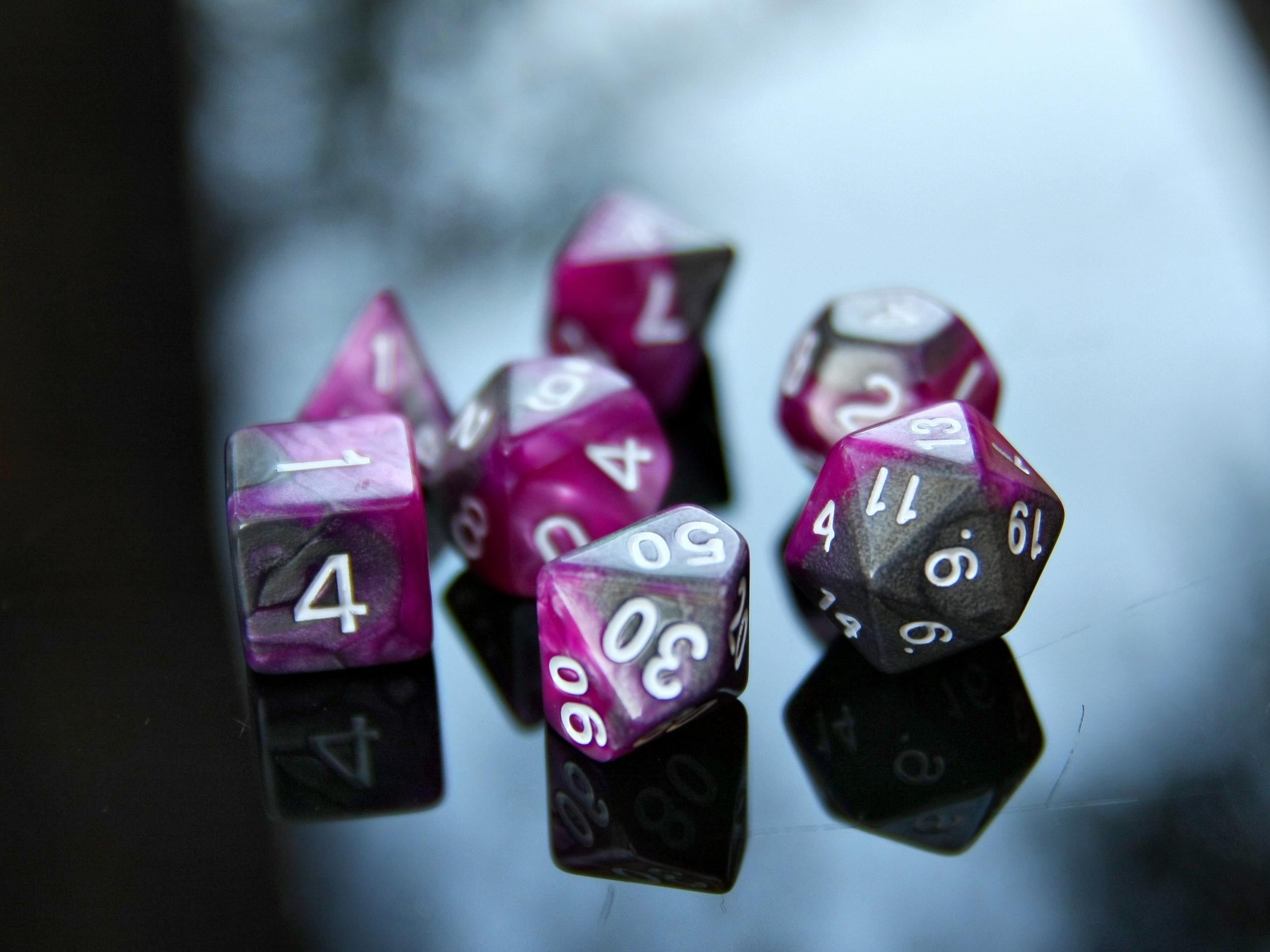 Purple Gray White "Necrostorm" DnD 7 Polyhedral Dice Set in Potion Flask