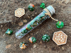 Shimmer Green Gold "Lucky Leprechaun" DnD 7 Polyhedral Dice Set in Potion Flask
