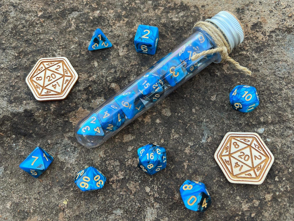 Blue Black Gold "Blue Raven" DnD 7 Polyhedral Dice Set in Potion Flask
