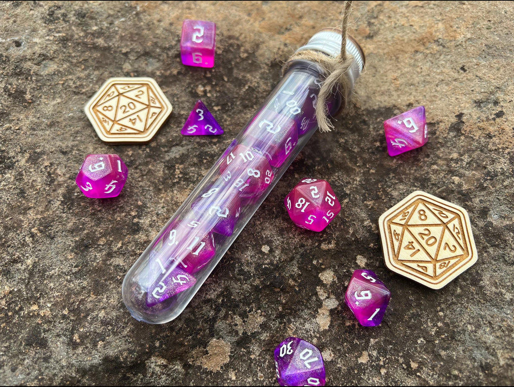 Shimmer Pink "Fairy Dust" DnD 7 Polyhedral Dice Set in Potion Flask