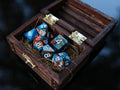 Blue Brown Orange "Ice and Fire" DnD 7 Polyhedral Dice Set in Wooden Chest